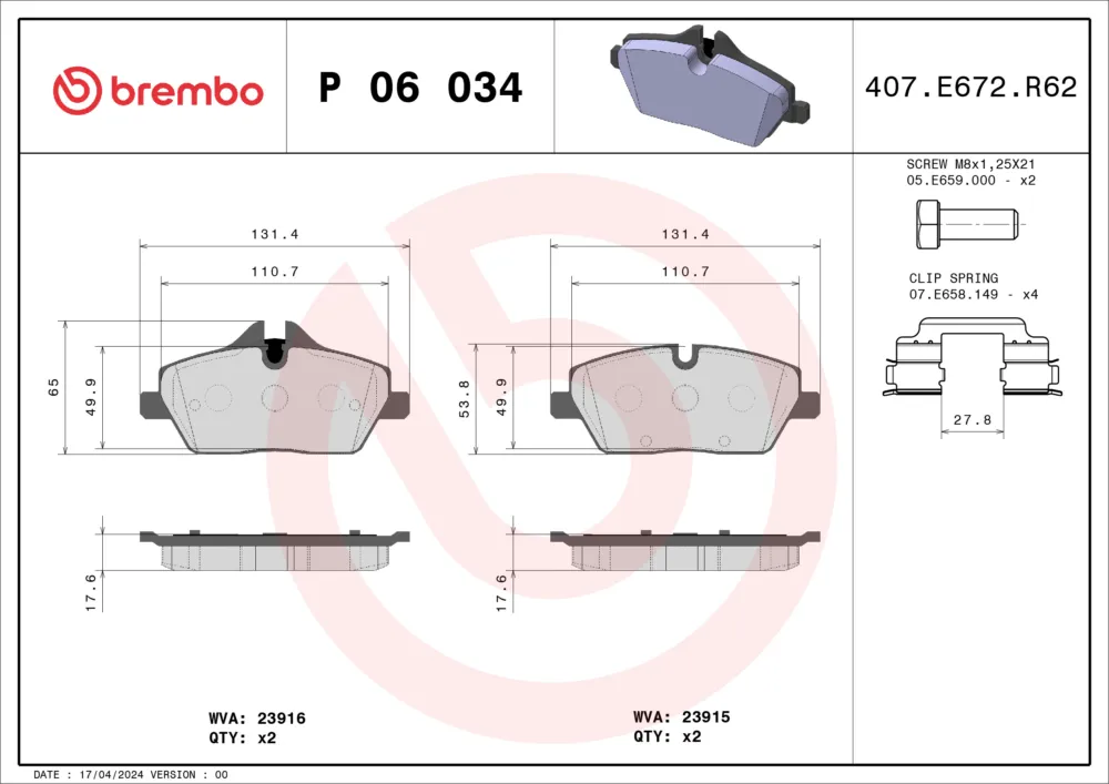 BREMBO P 06 034 - Set di pastiglie freno anteriori ATP Autoricambi Professionale