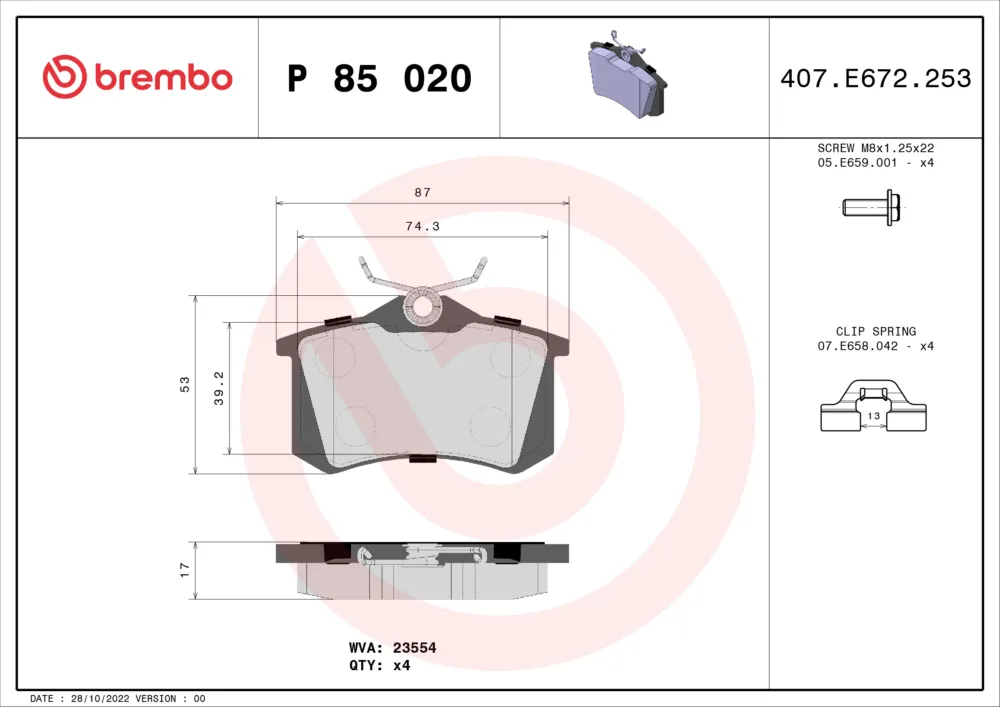 Promo Stagionale BREMBO P 85 020X - Kit pastiglie freno, Freno a disco ATP Autoricambi
